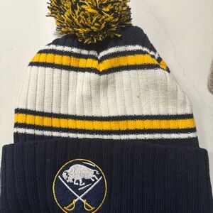 Navy and Yellow Buffalo Sabres Striped Pom Beanie